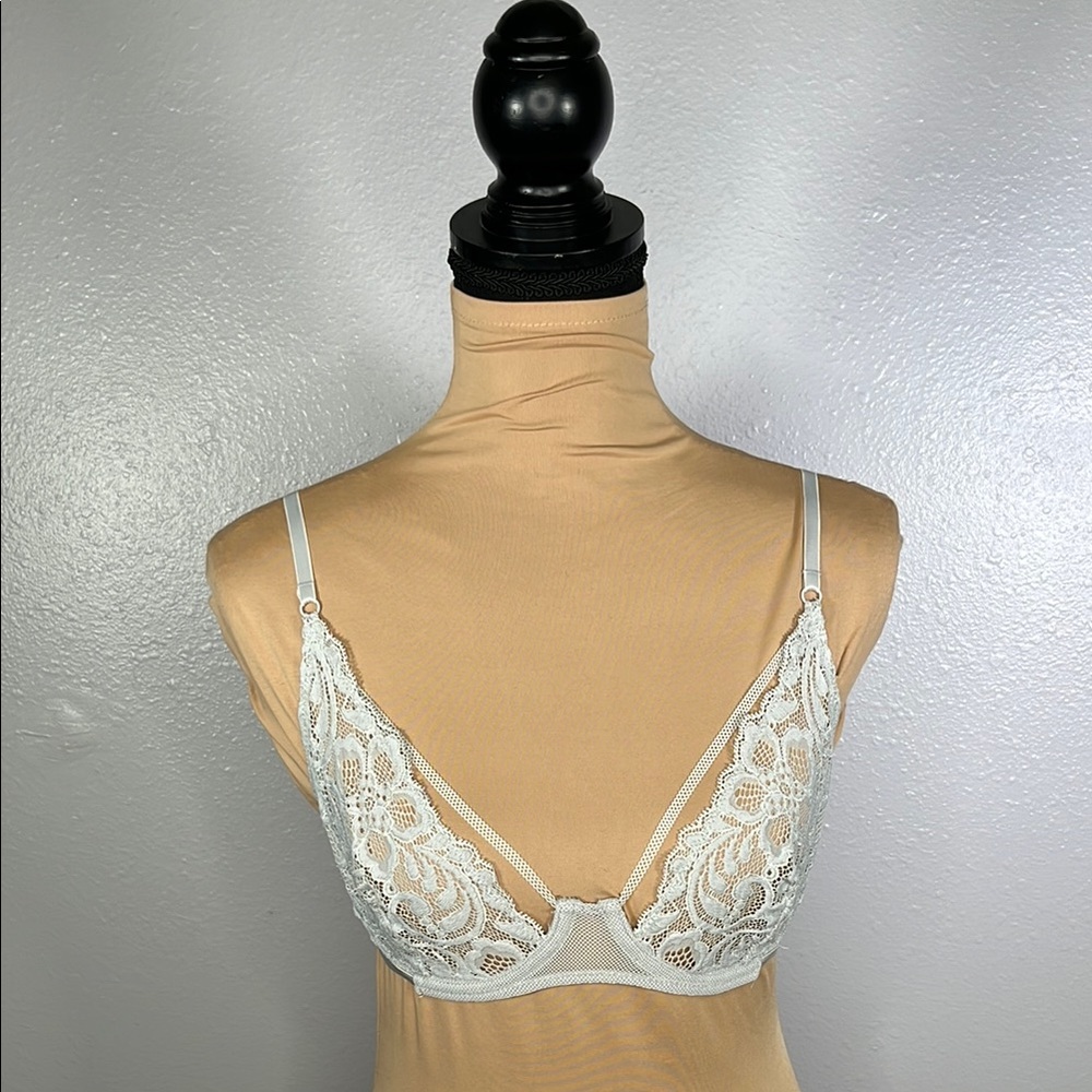 Coquette Light Blue Lace Bra – Sheer Floral Mesh, Strappy Back, Size S